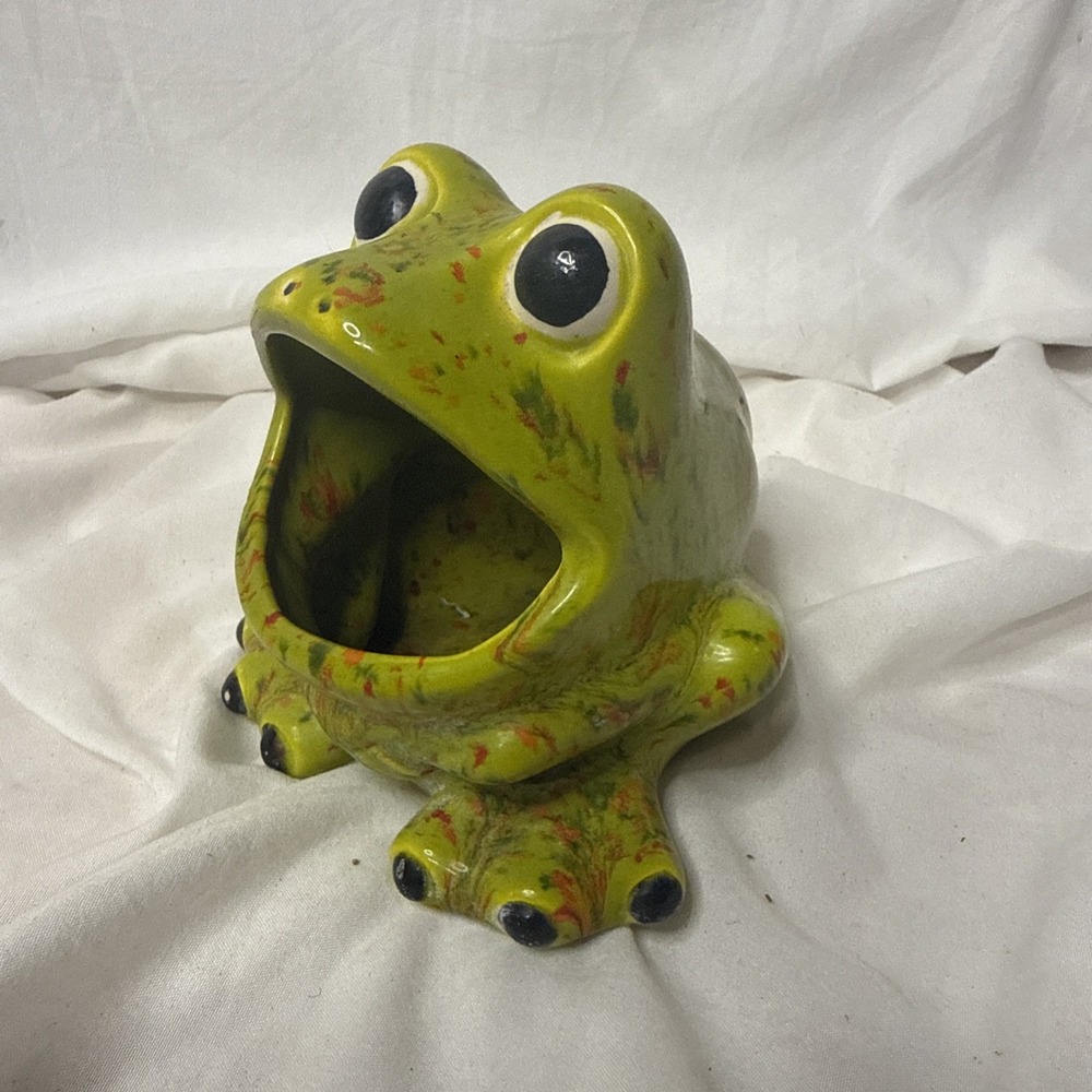 Vintage Signed Psychedelic Wide Mouth Ceramic Frog Sponge Holder Kitsch 1976
